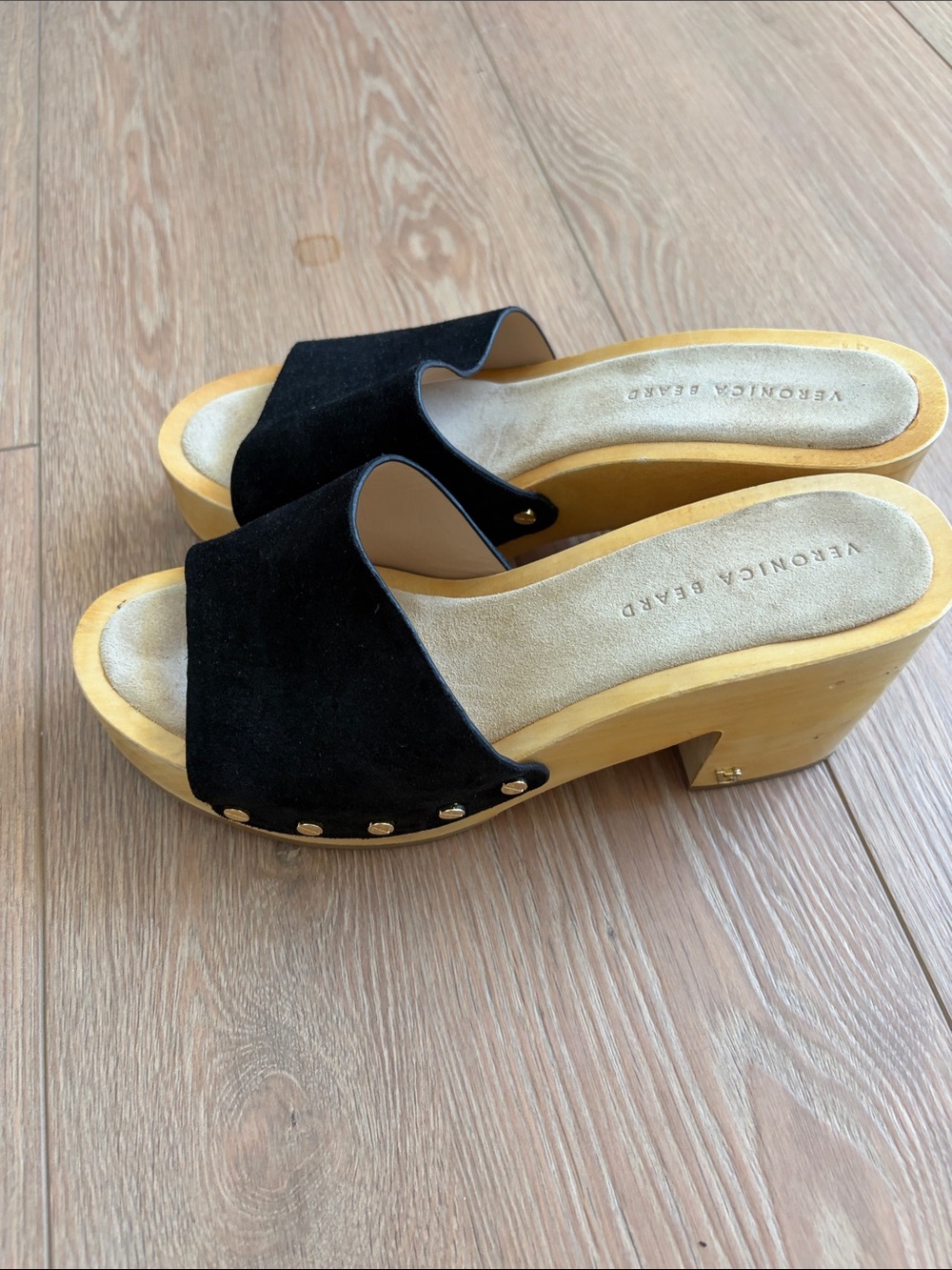 Veronica Beard Slide Clogs with Wood Block Heel - Hannalee Black Suede Wood